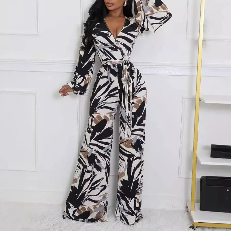 

Long Sleeve V Neck Printed Wide Leg Women Jumpsuit with Belt