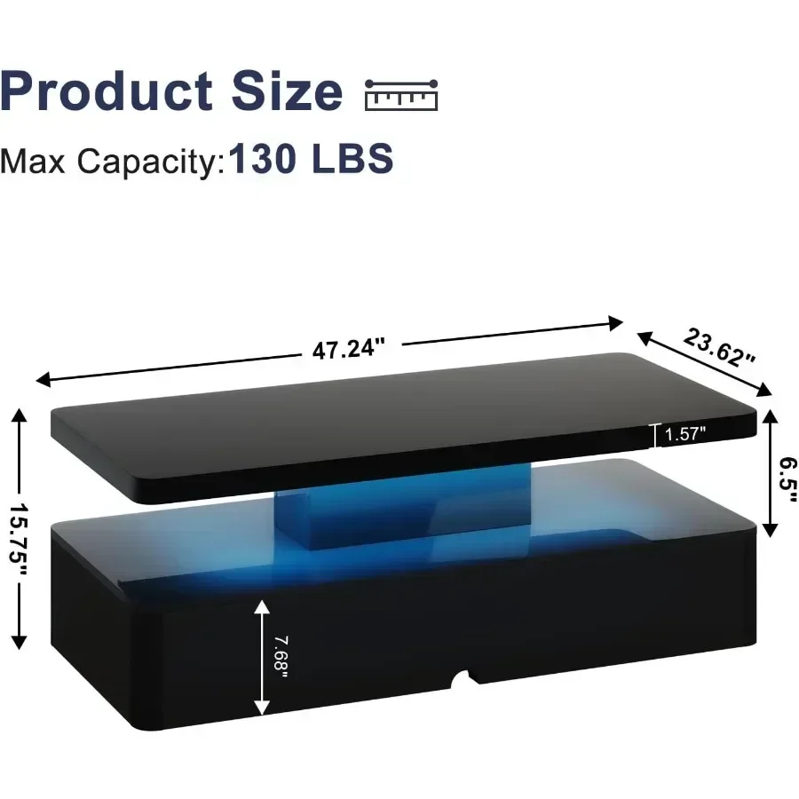 Modern Coffee Table, Coffee Tables with 16 Colors LED Lights, 2 Tier Rectangular Center Table, Large Storage Space, High Glossy