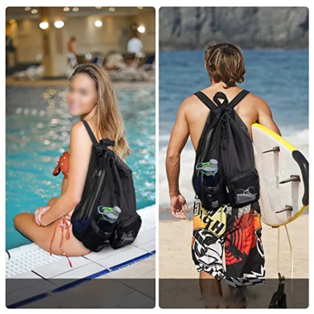 Mochila de playa para gimnasio, bolsa de gimnasio de malla de nailon, compartimento principal grande de nailon de alta calidad, materiales de malla de poliéster para ciclismo