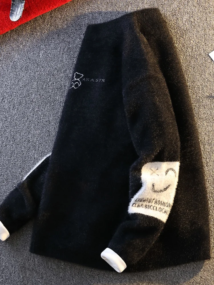 

Men's round Ne Knitwear Long Sve Autumn Winter Faionable American Retro Patchwork Inner Wear Comfortable Soft Thiened