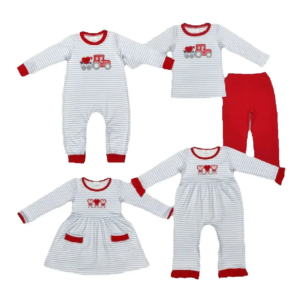 

Baby kids clothing Sibling Spring girls and boys Sibling Girls Boys Valentines Grey Stripes Hearts Rompers Dresses Clothes Sets