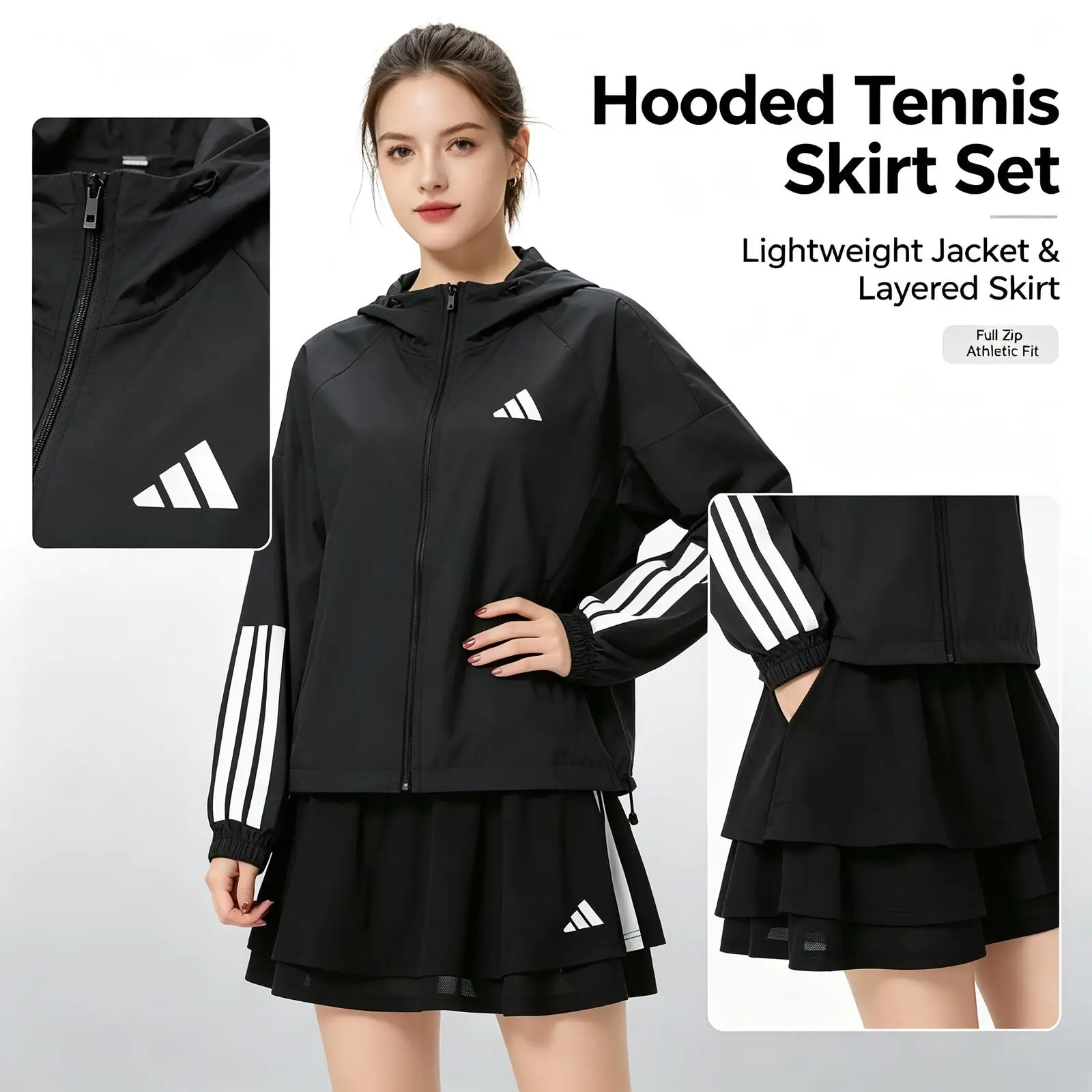 New Adidas Women Black Hooded Jacket Layered Tennis Skirt Set Two-Piece Activewear Outfit Casual Running Training Streetwear