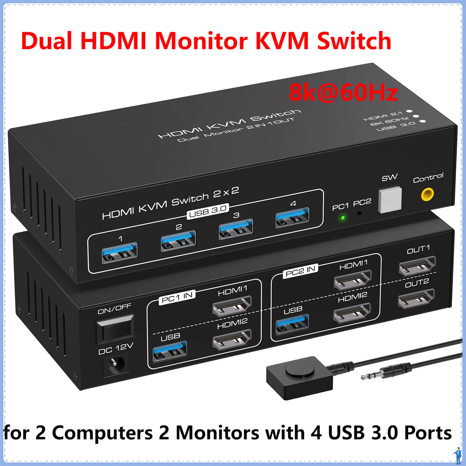 

8K KVM Switch HDMI 2 Monitors 2 Computers Support 8K@60Hz 4K@120Hz KVM Switcher PC Display Share 2 Monitors and 4 USB 3.0 Ports