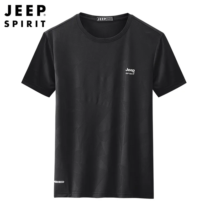 JEEP SPIRIT New Summer Short Sleeve Men Simple Round Neck Ice Silk T-shirt Mens Comfortable Breathable Sports Casual Bottom Top