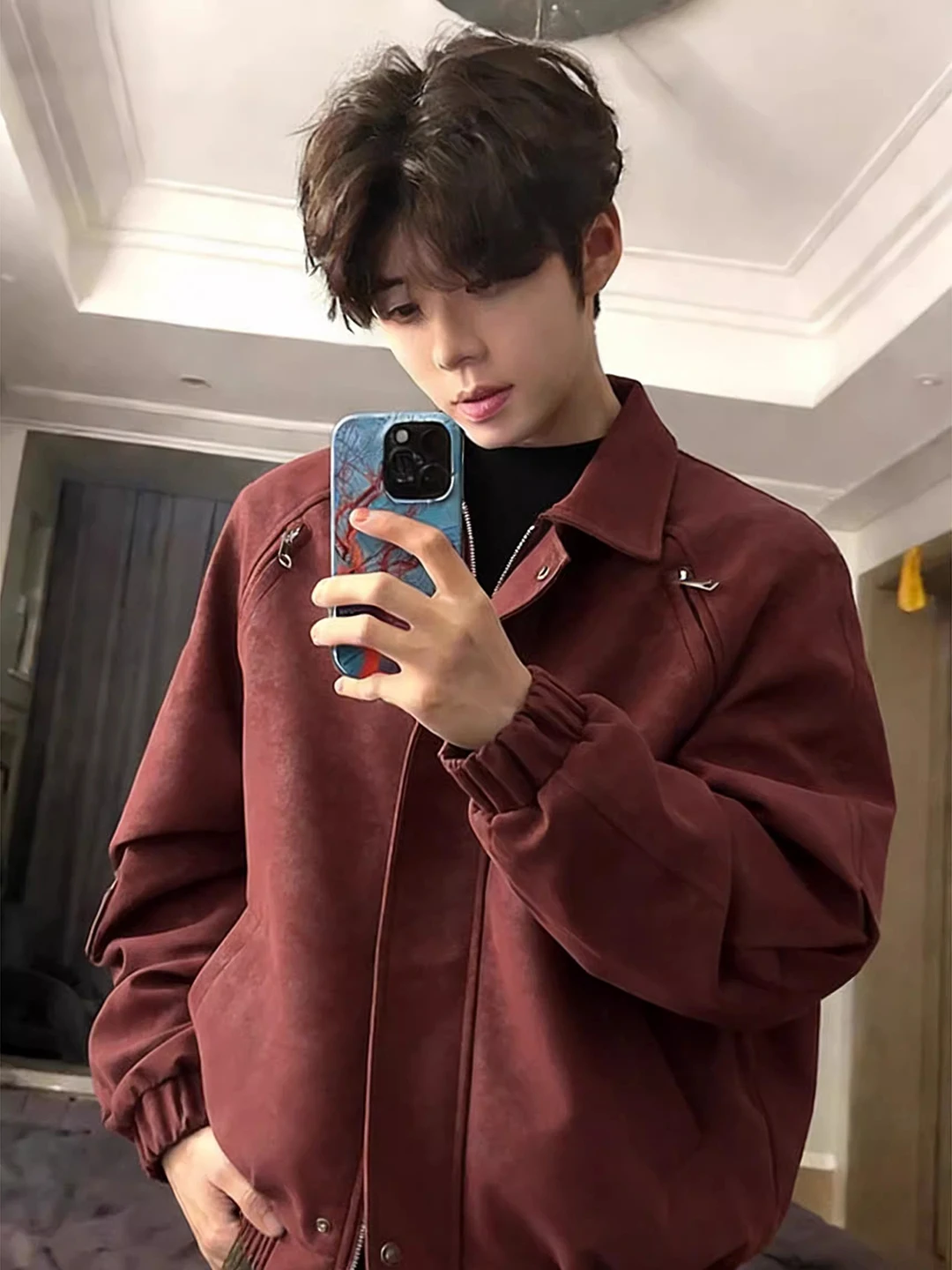 

Cé Brown American Sle ort Leather Jaet Men's Spring New Street Cool Motorcycle Outerwear Clean Fit Long Sve Zipper