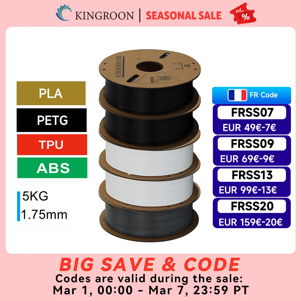 KINGROON – Filament d'imprimante 3D PLA PETG TPU ABS, lot de 5KG, noir, blanc, gris, 1.75mm, sans bulles, plastique, 5 rouleaux de 1kg, bobine aléatoire