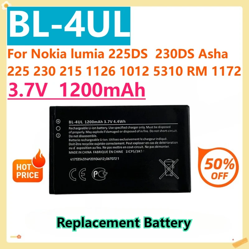 For Nokia lumia 225DS 230DS Asha 225 230 215 1126 1012 5310 RM 1172 BL-4UL 3.7V 1200mAh Rechargeable Batteries