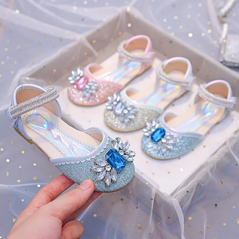 Kids Girls Glitter Rhinestone Closed Toe Sandals Crystal Strap Anti Slip Soft Kids Wedding Party Frozen Princess Dress Shoes