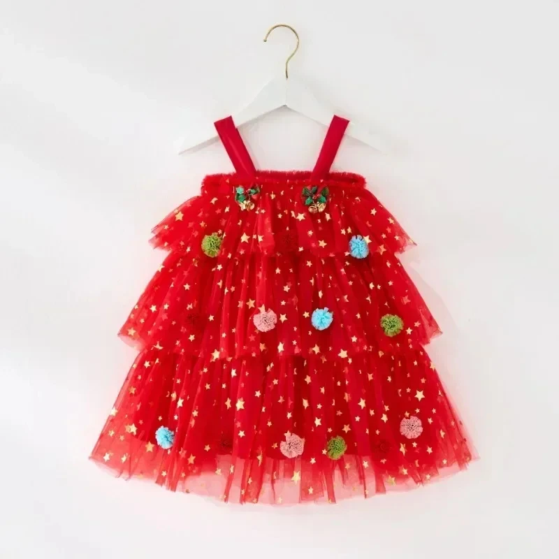 Baby Girls Christmas Tree Dress Sling Star Sequined Mesh Vestidos Layered Tulle Cake Dress with Plush Ball 1-6Y