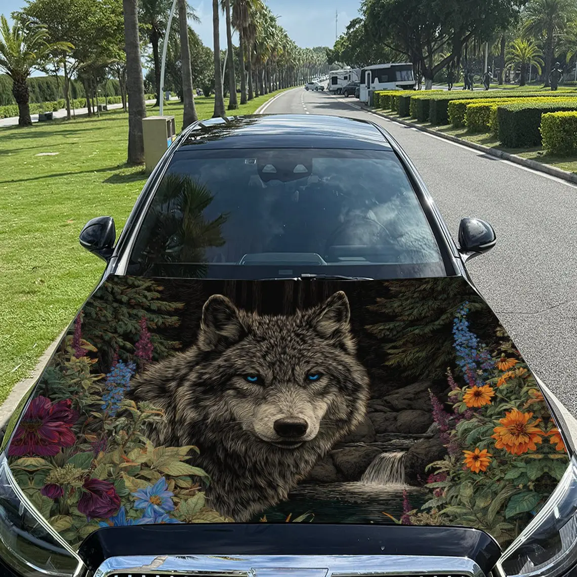 

Blue Eyed Wolf with Colorful Flowers & Waterfall Car Vinyl Wrap, PVC Material Waterproof Car Hood Sticker, Self-Adhesive Scratch