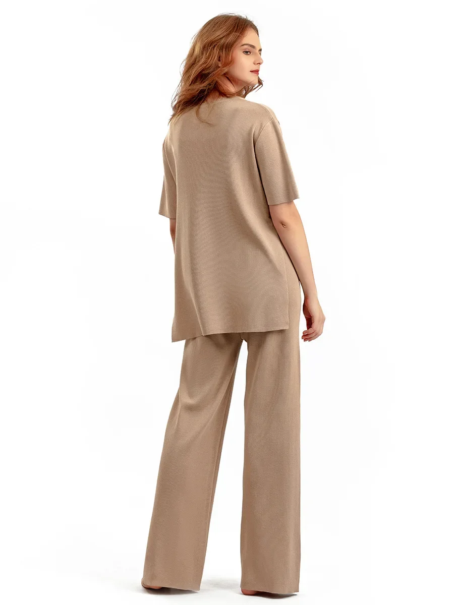 Women Knitwear Short Sleeve T-shirt Pullover Tops Conjuntos Korean High Waist Wide Leg Pants OutfitSummer Knit 2 Pieces Sets