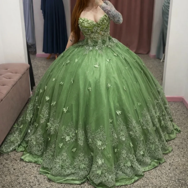 

Shiny Green Quinceanera Dresses Off the Shoulder Decal Glitter 3D Flower Long tail Vestidoe 15 Quinceanera Customize