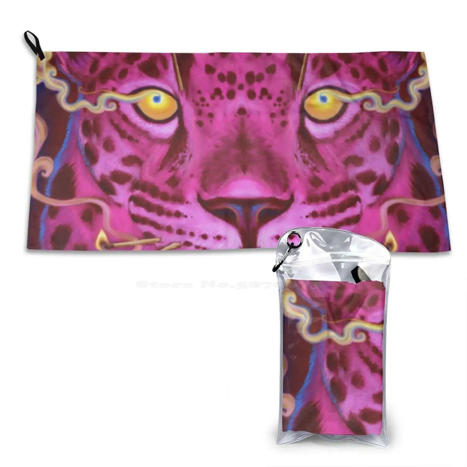 Fire Soft Bath Towel Washcloth Outdoor Big Cat Spots Fire Incense Matches Legends Myths South America Jungle Pink Neon Panther