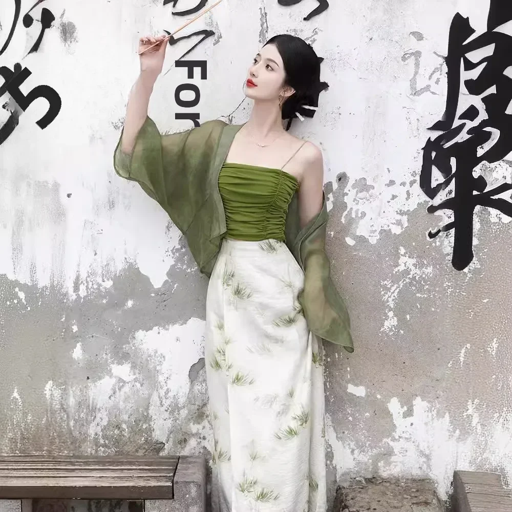 Plus Size 2024 Summer New Chinese Vintage Hanfu Outerwear Set Tank Top National Style Printing Skirt Three Piece Suit