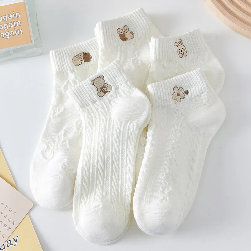 

1 Pair Casual Short Cotton Socks Korean Style 2025 Women White Socks Spring Summer Cute Bear Rabbit Rainbow Print Ankle Socks