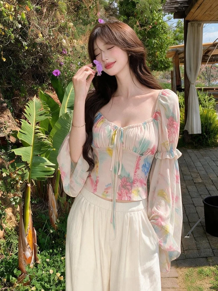 Watercolor Gradient Long Sleeve Chiffon Shirt Irregular Floral Print Square Collar Pleated Belted Elegant Versatile Women's Top