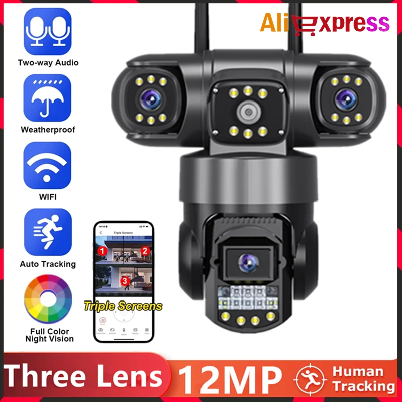

Waterproof Surveillance 3 Lens 12MP HD WiFi Camera Security Protection Home Surveillance Cameras Smart Home CCTV Cameras Outdoor