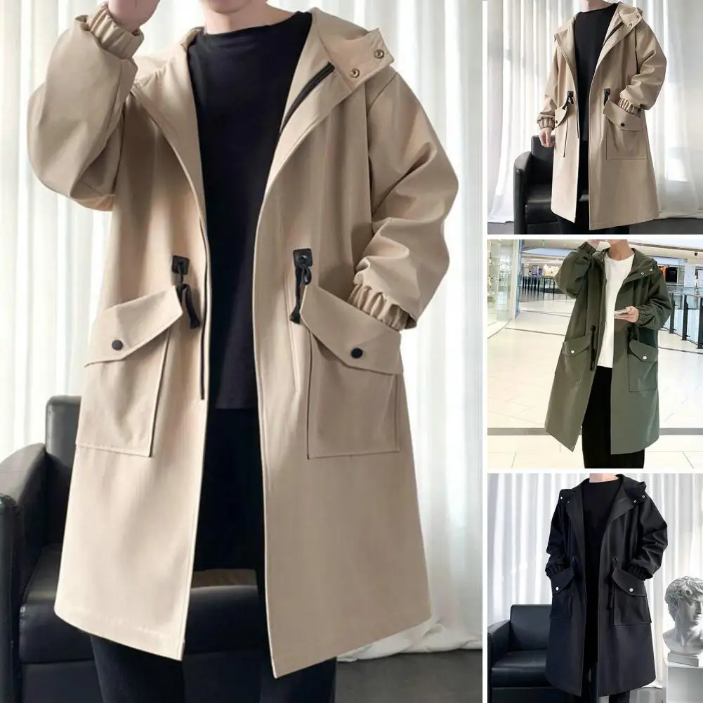 

Zippered Long-sleeve Coat for Men Streetwear Men's Trench Coat with Hood Big Pockets Windproof Design Mid Length for Men for Men