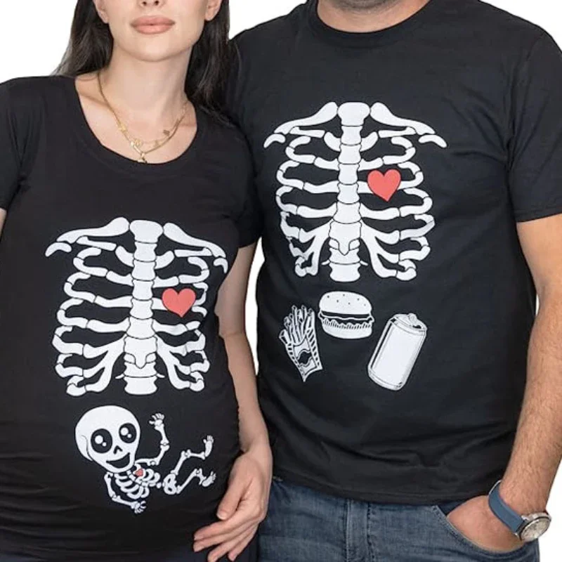 Mom Skeleton Cotton T-Shirts Couple X-ray Baby Pregnancy Tee Men Burger Food Funny Pregnancy Announcement Y2k Clothes