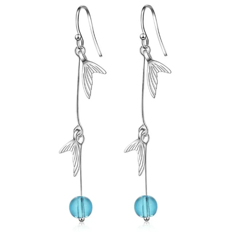 

New Atmosphere Beautiful Mermaid Tail 925 Sterling Silver Jewelry Blue Crystal Fish Temperament Dangle Earrings XZE283