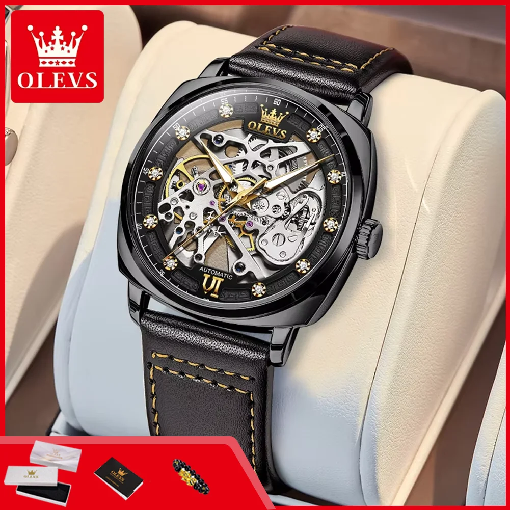 

Мужские автоматические часы OLEVS 6651 с прозрачным корпусом, кожаным ремешком, в стиле Tonneau PUNK, механические, роскошные.