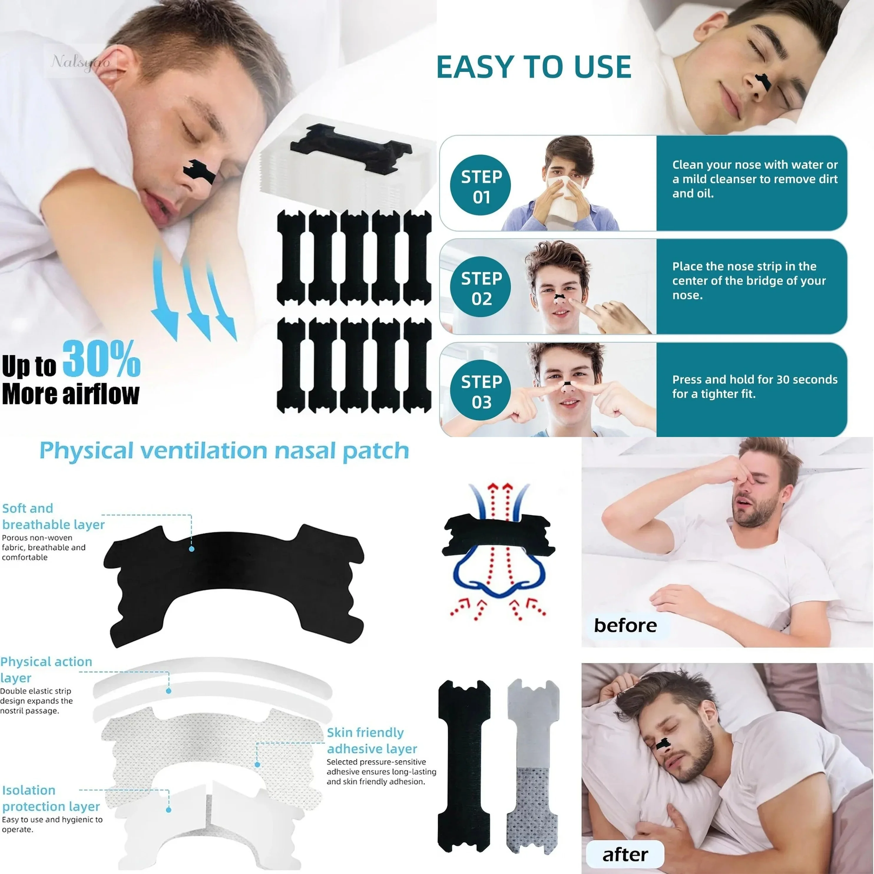 60/30/10PCS Extra Strength Nose Strips for Better Sleeping, Anti Snoring & Nasal Congestion Relief, Breath Easier