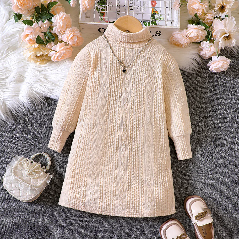 

2023 Winter New Girls Dress Knitted Long Sleeve Turtleneck Apricot Cute Designer Girls Princess Dress Vestido 0-3T