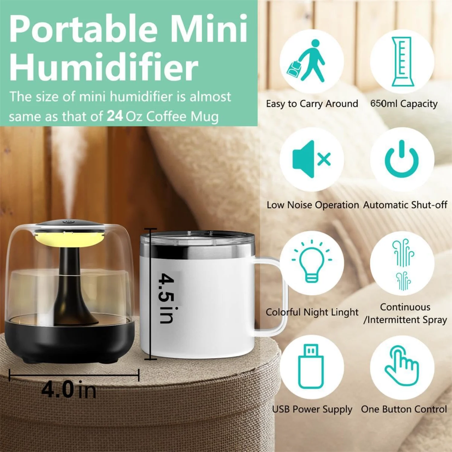 Portable Mini Humidifier for Bedroom, 650ml Small USB Cool Mist Humidifier with Colorful LED Night Light, Personal Desktop Humid