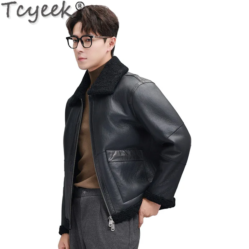 Tcyeek Genuine Leather Jacket Men Winter Clothes Short Style Natural Sheepskin Coat for Man Clothes Wool Real Fur Coats 2024