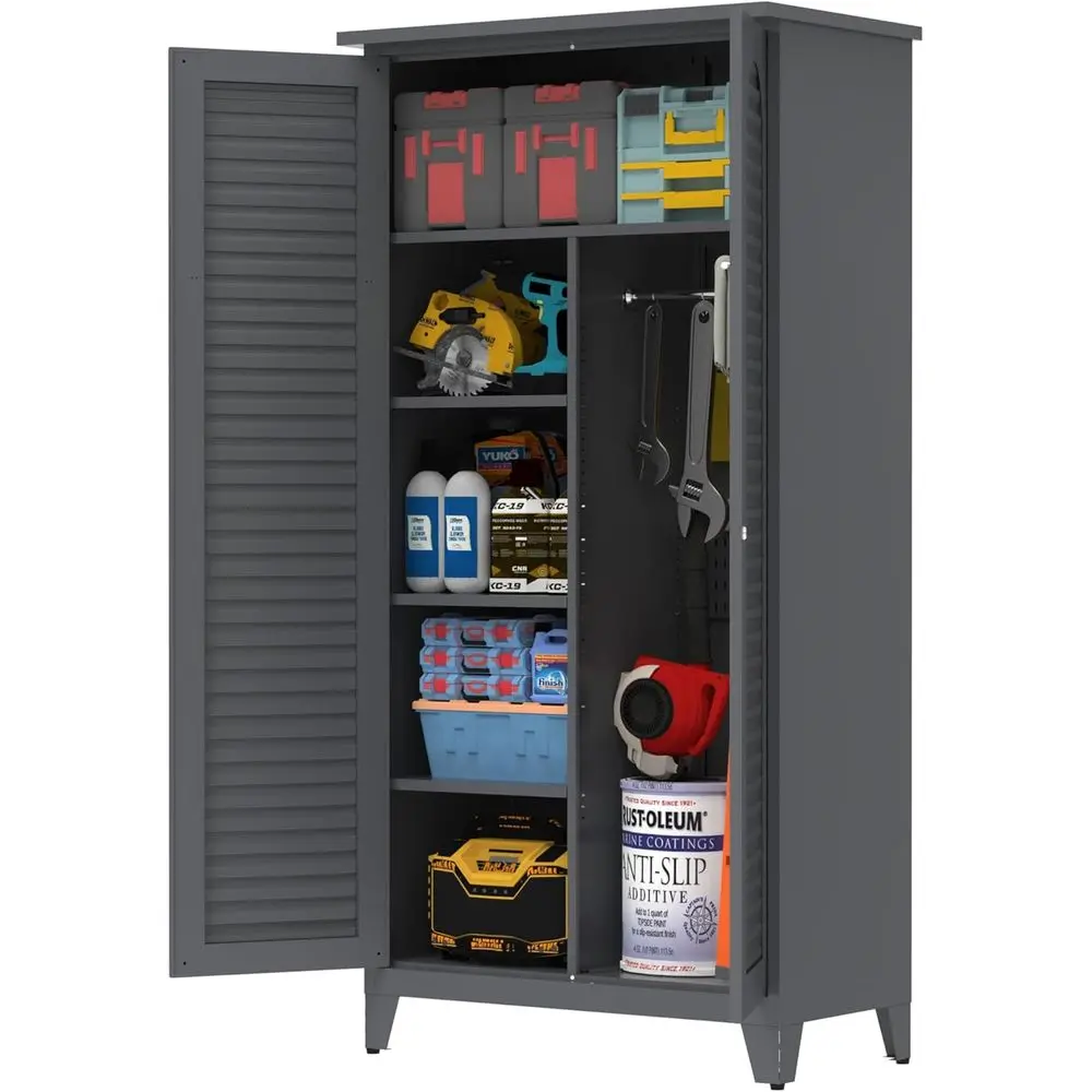 

Прочный черный металлический шкаф для хранения с дверцами, перфорированной панелью и запираемым отсеком для инструментов для дома, мастерской и жилых помещений