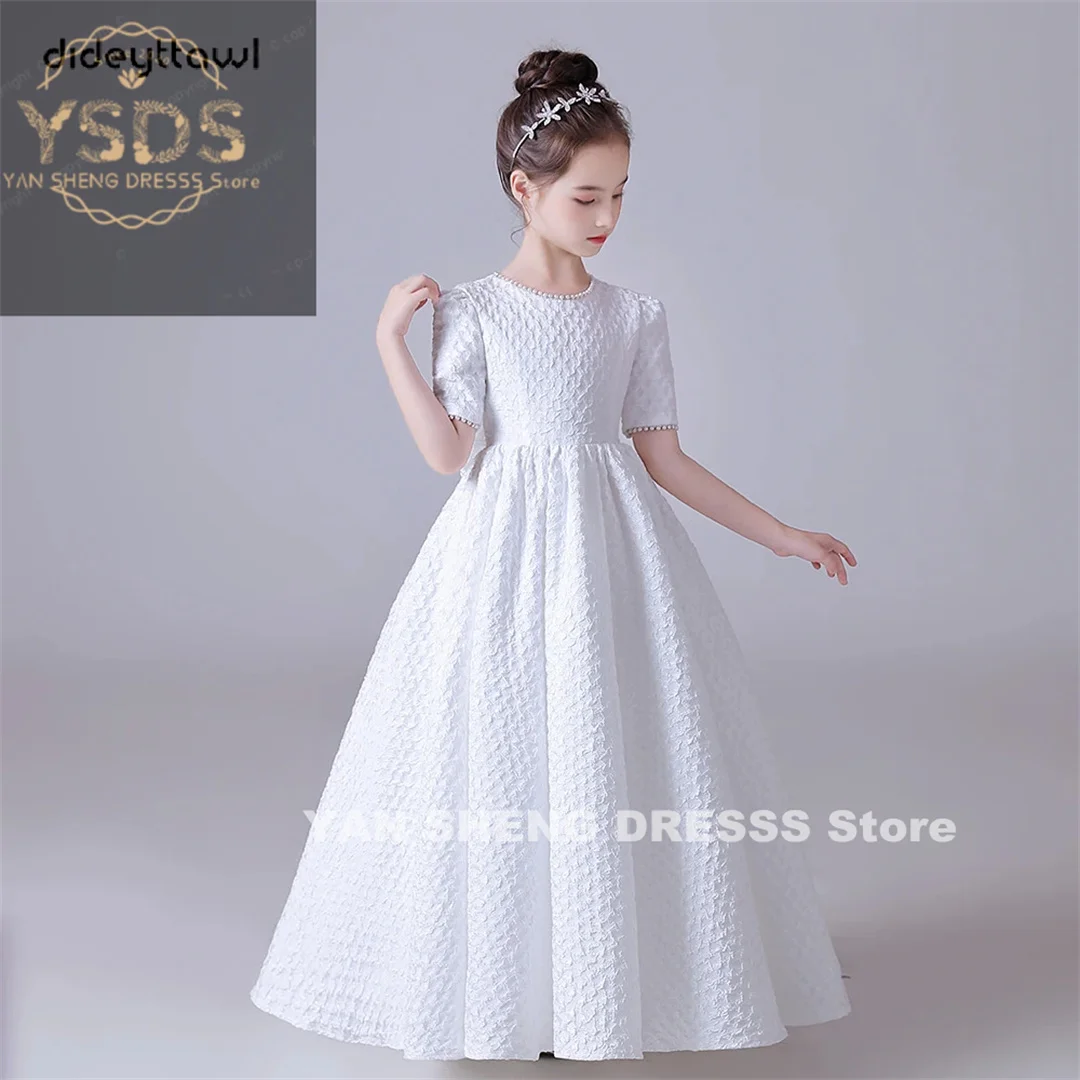 White Puff Skirt Elegant Flower Girls Dress For Wedding Party Short Sleeves Concert Junior Bridesmaid Gown