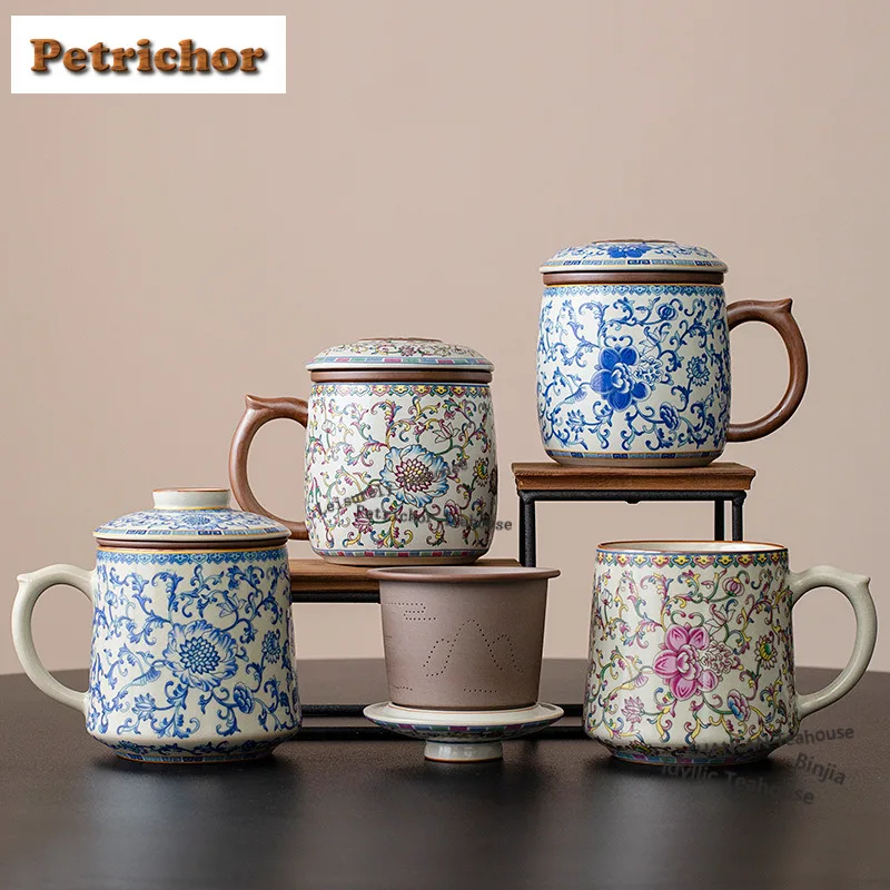 

Ru Kiln Luxuriant Flowers Filter Tea Separator Cup Ancient Tea Mug With Infuser Household Tea Soaking Office Water Cup Teaware