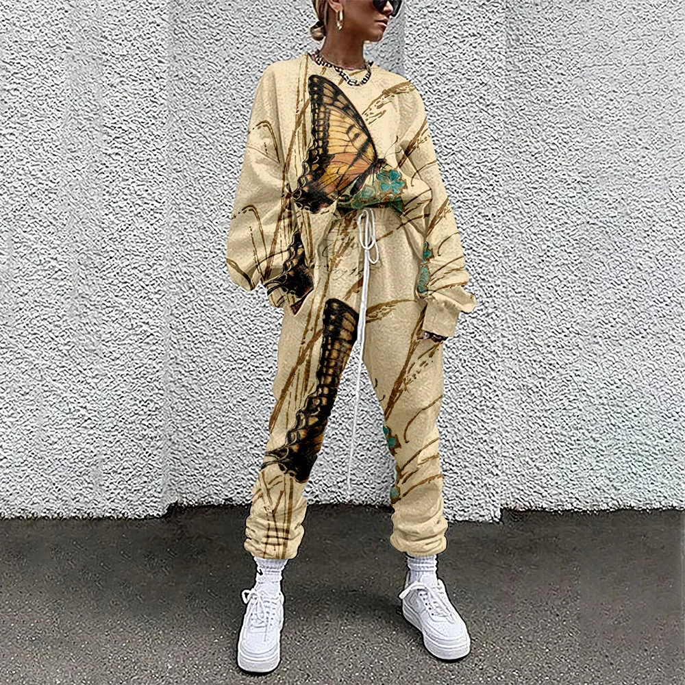 2 Piece Sets Women Tracksuit Long Sleeve Pullover And Jogger Pants Spring Autumn Butterfly Print Sports Suit Outfit