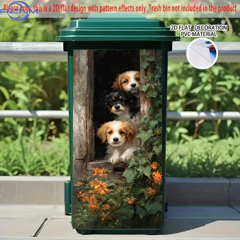 Self-Adhesive PVC - Cute 3 Puppies & Orange Flowers (Jack Russell Terrier-like) Peeking from bin, Removable Reusable Large Dec