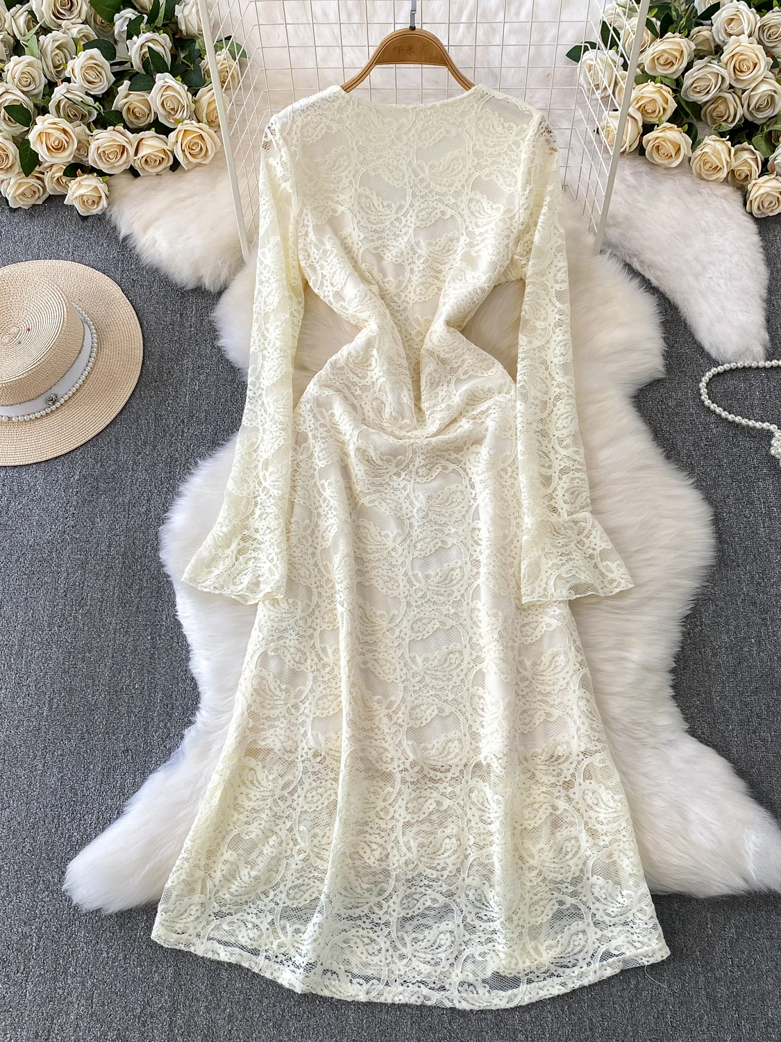 Ele V-ne Bell Sve Dr Falda larga acampanada de viaje Ci de una sola pieza con encaje de terciopelo de alta gama para mujer