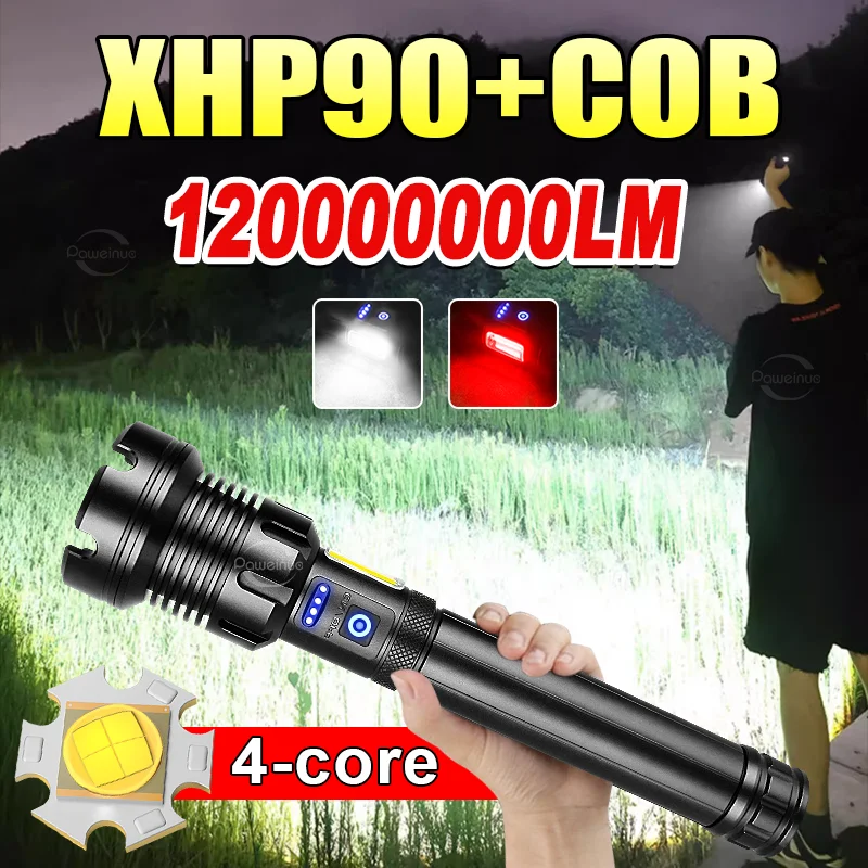 2025 XHP90+COB Most Powerful LED Flashlight Rechargeable Lamp 2*26650 Ultra Powerful Flashlight Tactical Lantern Camping Torch