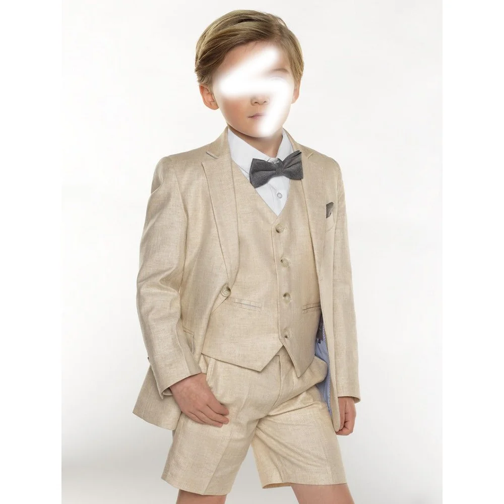 

Beige Single Button Peaked Lapel Boys Suits 3 Pcs (Blazer+Shorts+Vest) Fashion Boys Sets Formal Occasions Birthday Party Sets