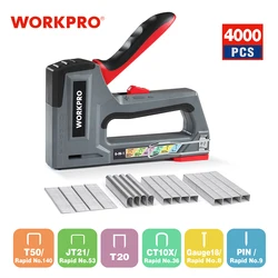 WORKPRO-pistola de clavos 6 en 1, grapadora Manual para tapicería, herramienta de clavado de muebles de plástico, grapadora resistente para el hogar