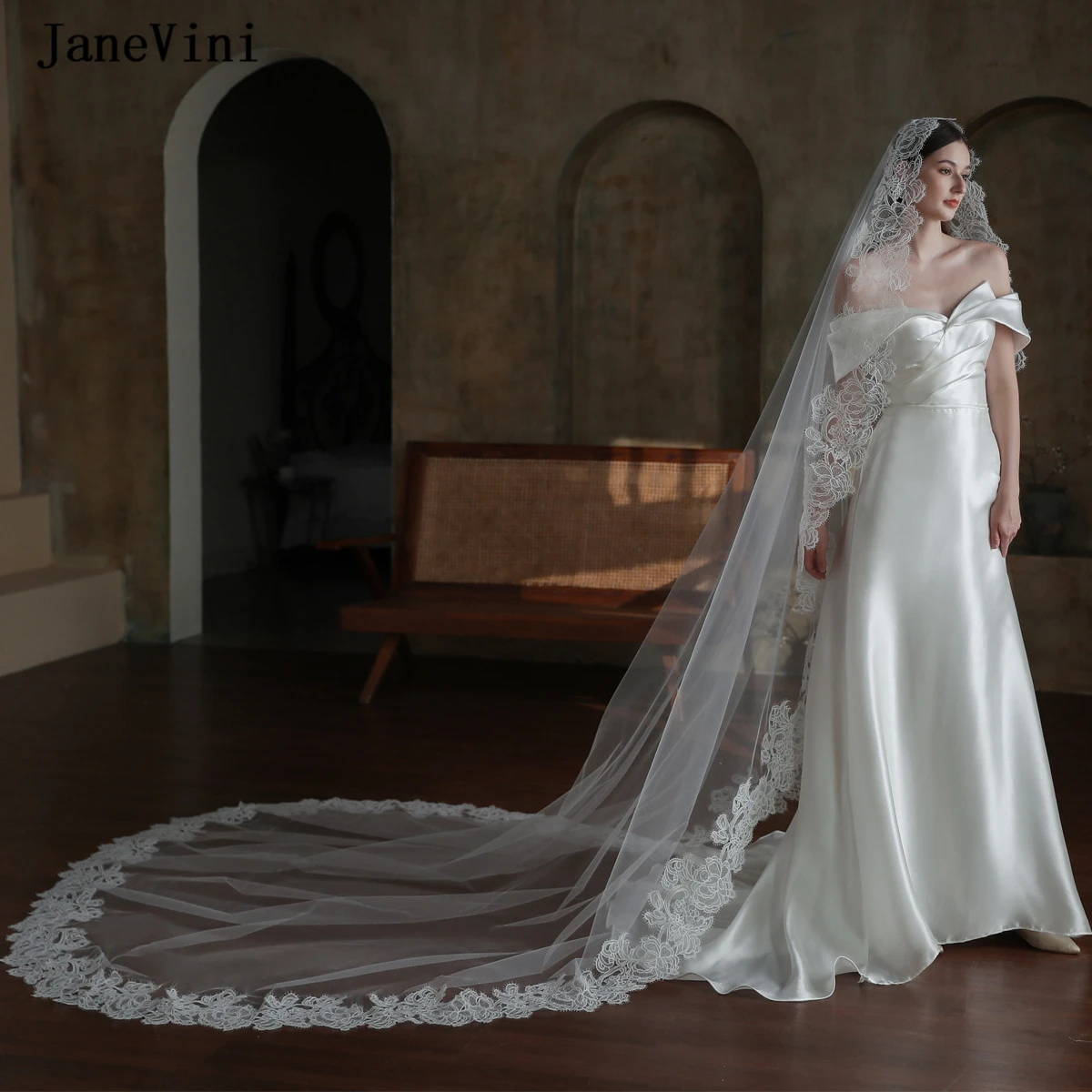 JaneVini-Voile de mariée long européen avec peigne, une couche, bord en dentelle, tulle, élégant, accessoires pour cheveux de mariage, luxe, patients, 2023