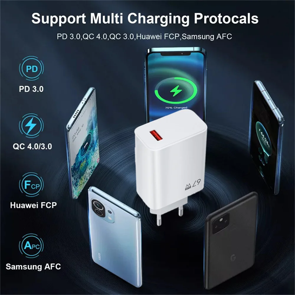 GaN 67W USB Fast Charger Power Adapter USB Quick Charging Wall Charger For Xiaomi Samsung Huawei Phone Charger 6A Type C Cable