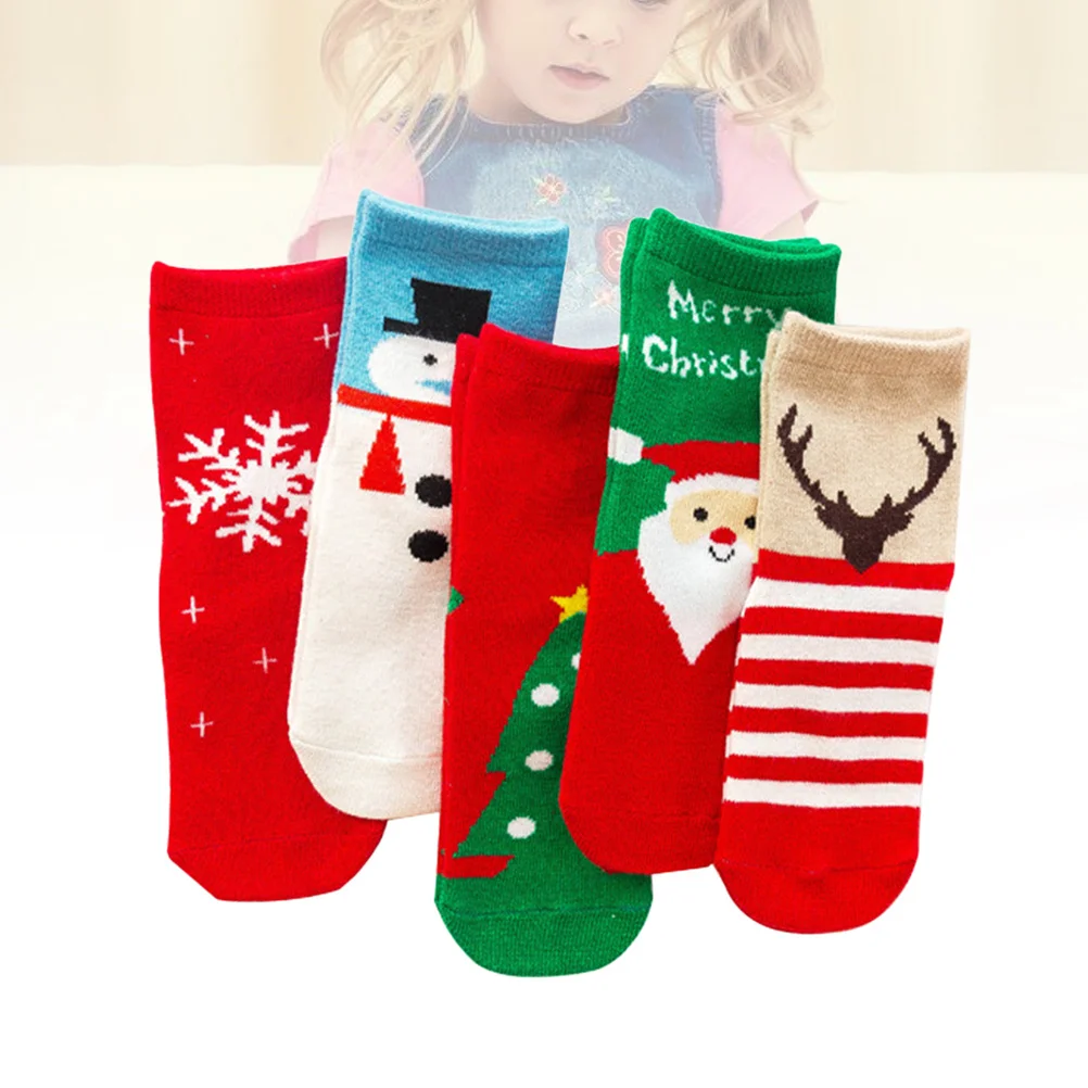 

5pcs Kids Christmas Socks 12-14Cm Foot Length Cotton Warm Soft Design For Winter Party Birthday Gift Children Stockings