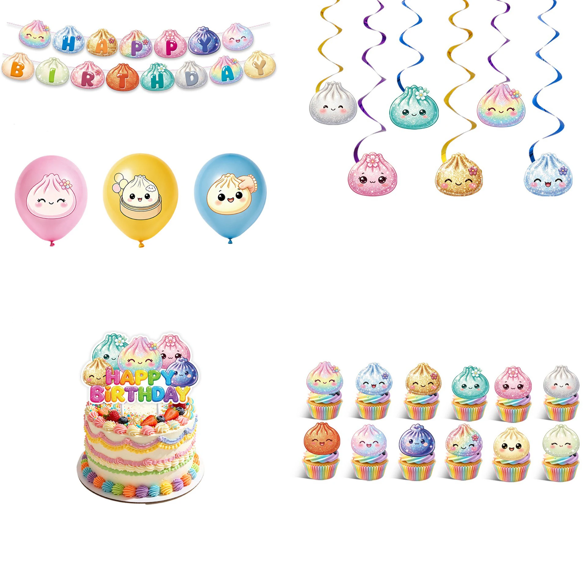 Cartoon Macarons Cute Baozi Molding and Smiling Theme Embroidered Paper Plate Cup Towel Birthday Flag Hanging Set of Supplies