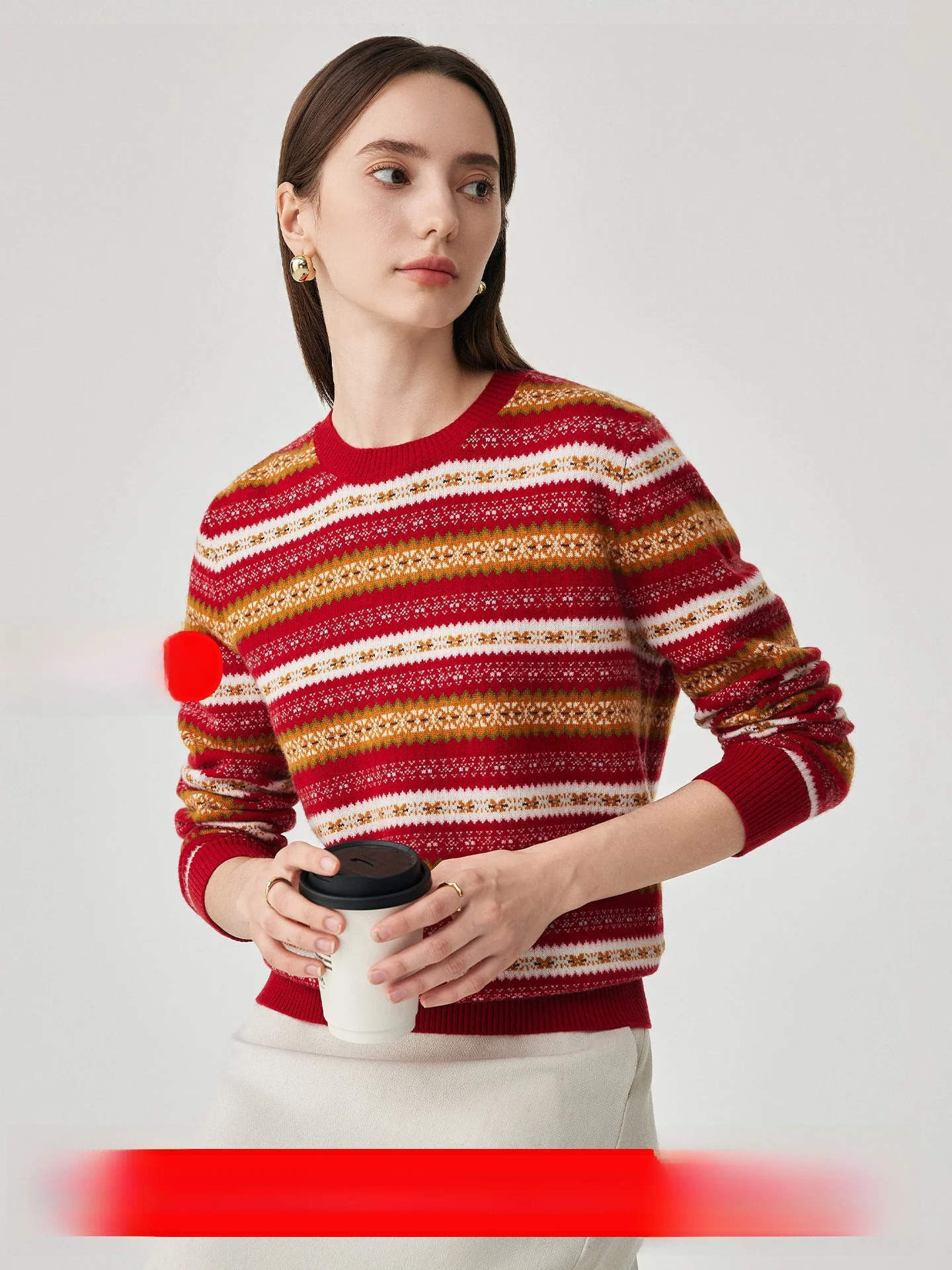 

Miaojun Autumn Winter New Sle Fair Isle Knitted Wool Sweater Women's Retro Striped Knitwear Red Base Layer Sweater