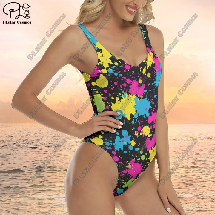 3D printing splash paint painting color contrast gradient pattern summer women's bright color one-piece swimsuit new arrival