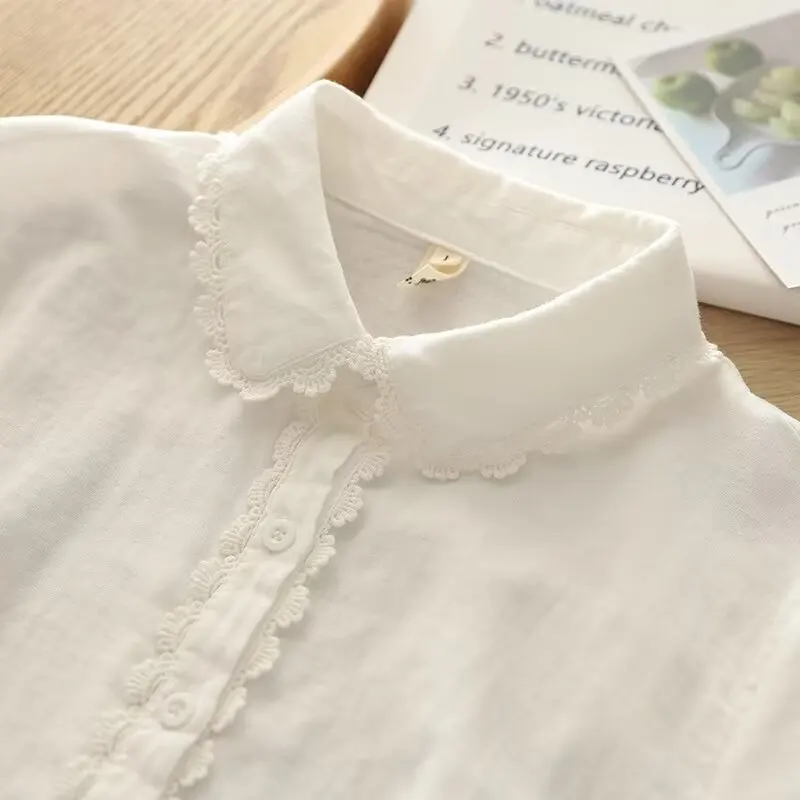 New Summer Cotton Yarn Casual Long Sleeve Shirt Women Lapel Lace White Tops Girl Loose Fashion OL Blouses 2024 Autumn T45014QM