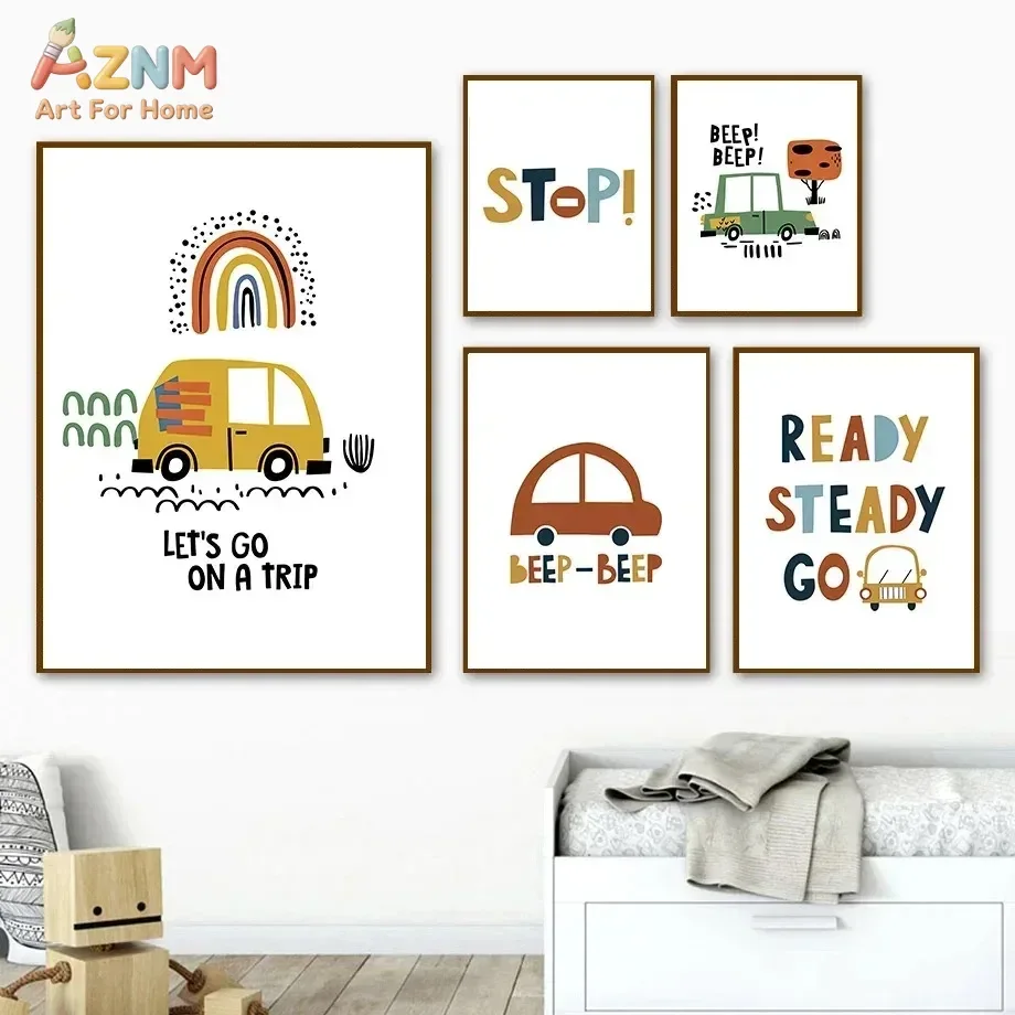AZNM Cartoon Car Rainbow Inspirational Text Canvas Poster, Frameless Cute Vehicle Wall Art For Kids Nursery Playroom Bedroom Wal