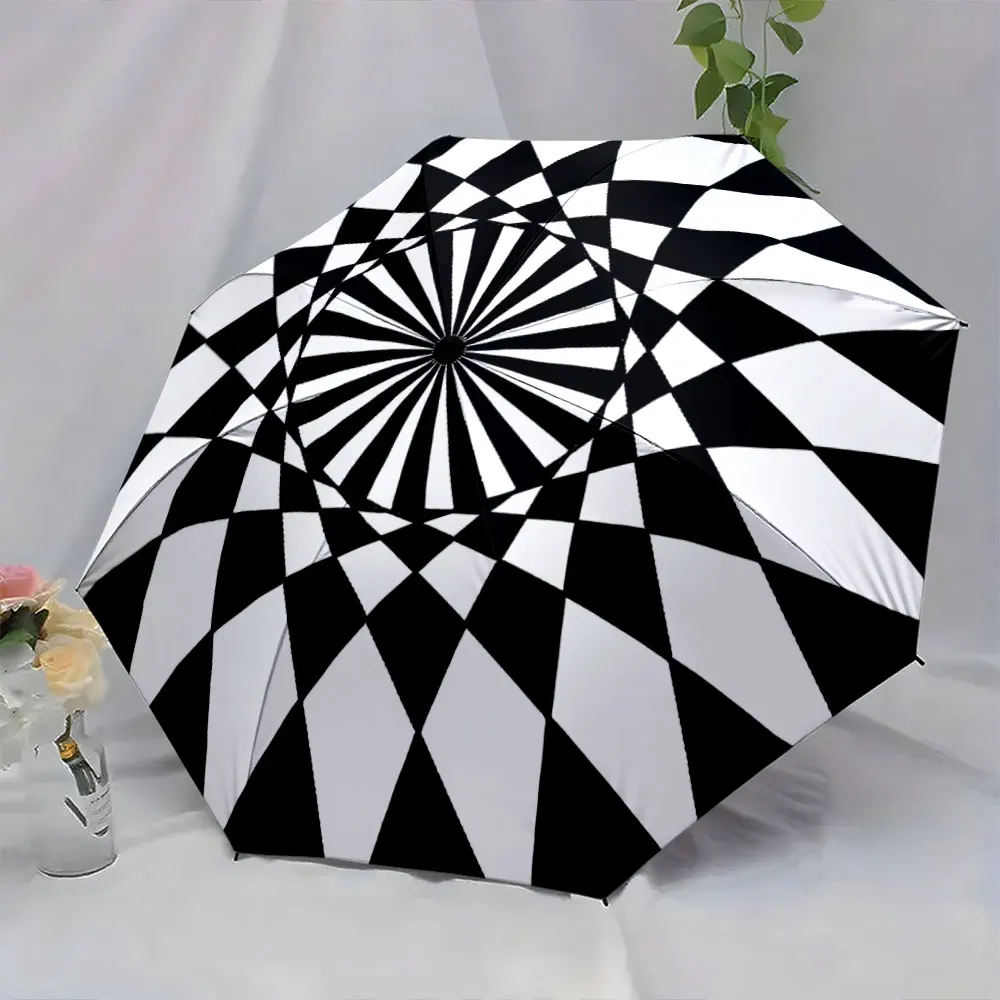 1PC Black and White Optical Illusion Umbrella Design Print 8 Iron Ribs Folding Umbrella Auto-Open Fashion Sunshade