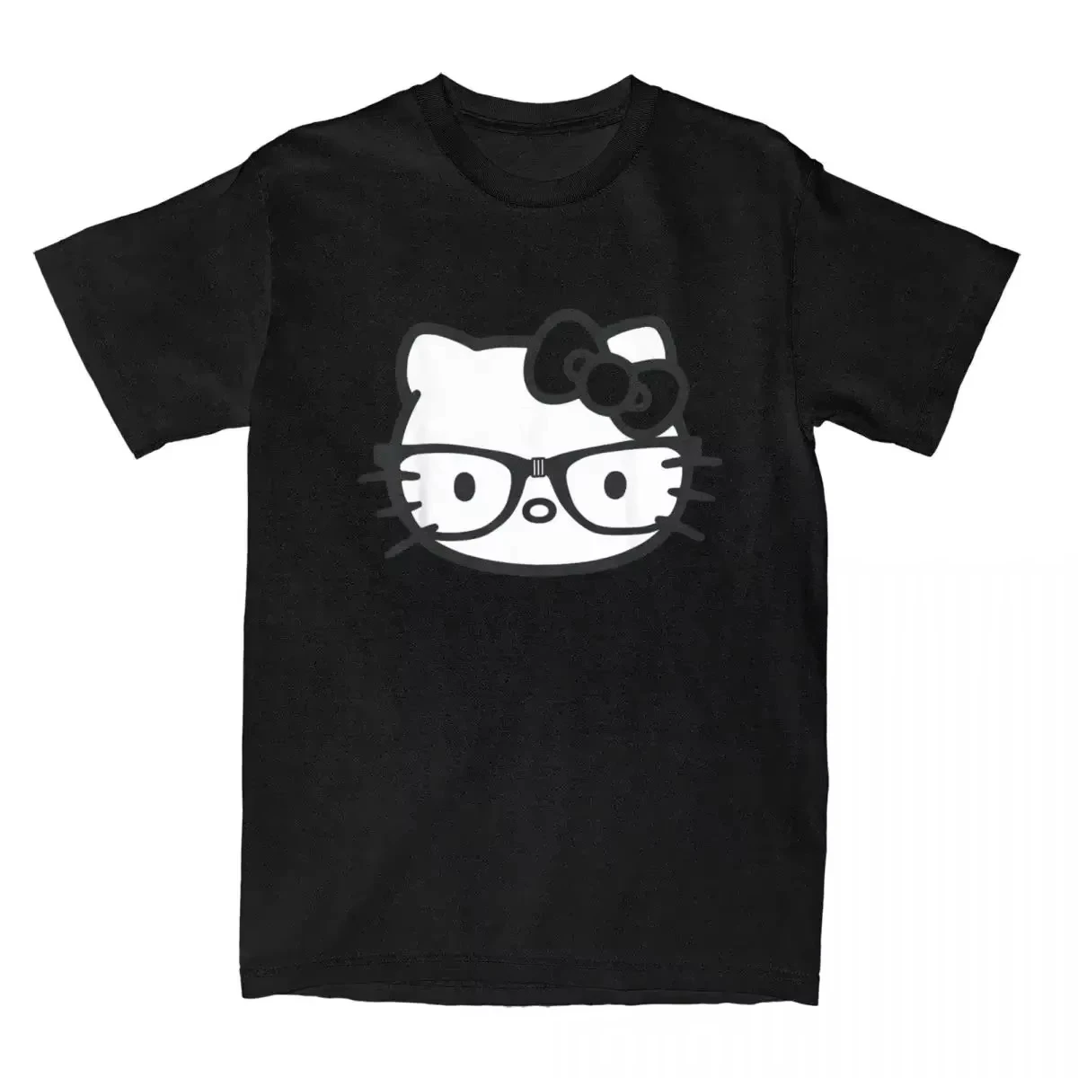 Hello Kitty Nerd Glasses Black and White Cotton T-Shirt for Boys Girls and Children Crew Neck Casual Top