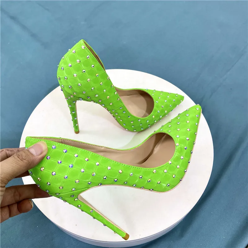 

Bling Rhinestone Embossed High Heel Pumps Green Black Grid 8 10 12 cm Heels Woman Shallow Slip On Pointed Toe Banquet Shoes