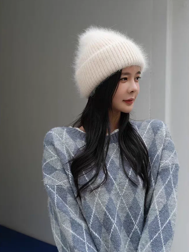 Angora rabbit hair knitted wool hat cold hat white color for women versatile for autumn and winter warm and small face